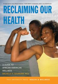 book cover of Reclaiming Our Health: photograph of two Black people in front of an ocean view, displaying their arm muscles and smiling