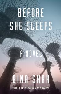 Cover for Before She Sleeps featuring futuristic trees entwined with wiring and steel
