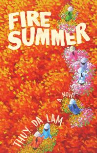 Cover for Fire Summer featuring a painted image of a field of colorful flowers with seven women in a single file line amongst the flowers.
